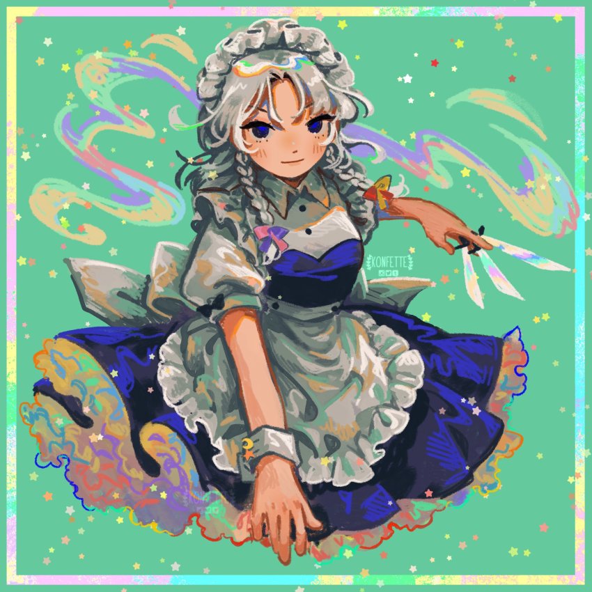 1girl apron arm_up artist_name black_bow blue_dress blue_eyes border bow braid breasts buttons closed_mouth collar crescent dress frills green_background hair_between_eyes hand_up highres izayoi_sakuya k0nfette knife looking_at_viewer maid maid_headdress medium_breasts multicolored_bow pink_bow puffy_short_sleeves puffy_sleeves purple_bow rainbow rainbow_gradient red_bow shirt short_hair short_sleeves silver_hair smile solo star_(symbol) touhou twin_braids unconnected_marketeers weapon white_apron white_shirt wrist_cuffs yellow_bow