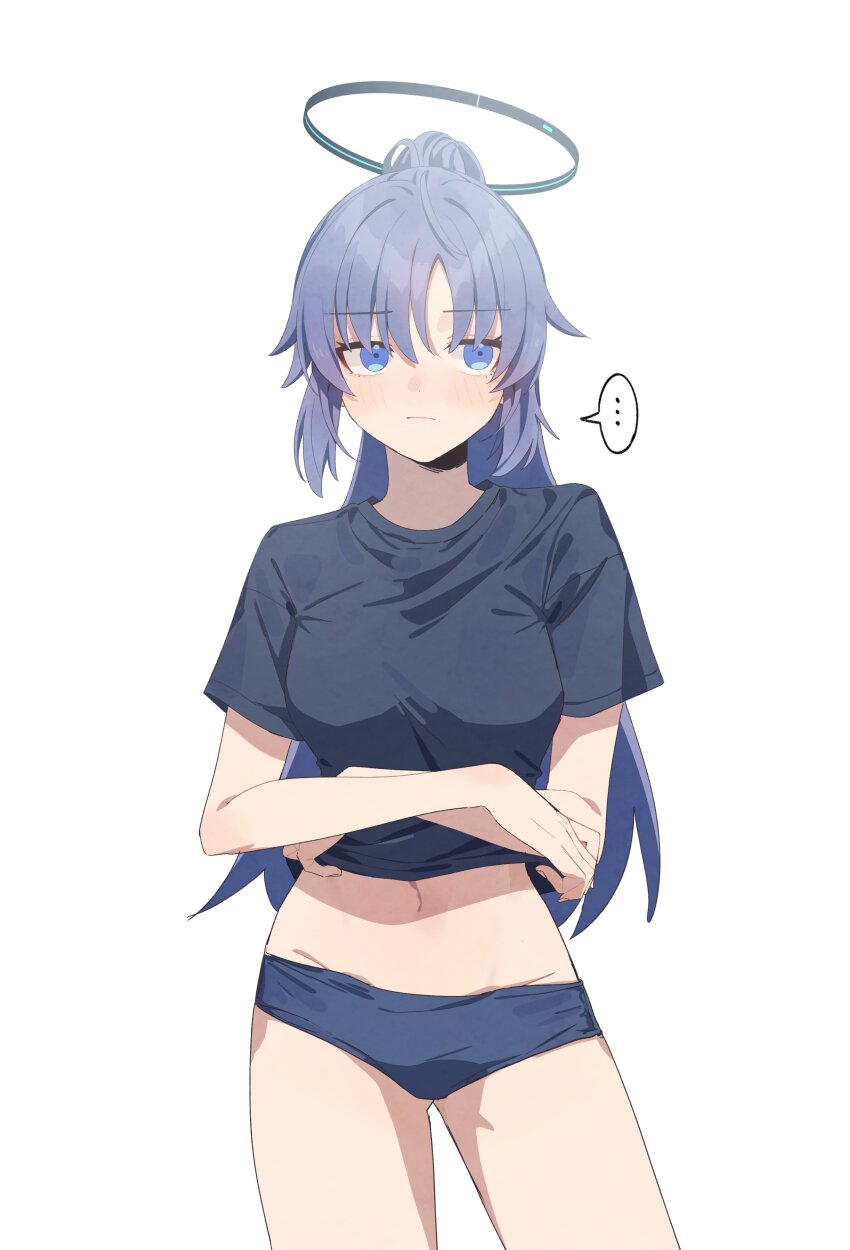 ... 1girl absurdres black_shirt blue_archive blue_buruma buruma clothes_lift gym_shirt gym_uniform halo high_ponytail highres kamiyama_sumu mechanical_halo navel official_alternate_costume shirt shirt_lift simple_background solo speech_bubble white_background yuuka_(blue_archive) yuuka_(track)_(blue_archive)