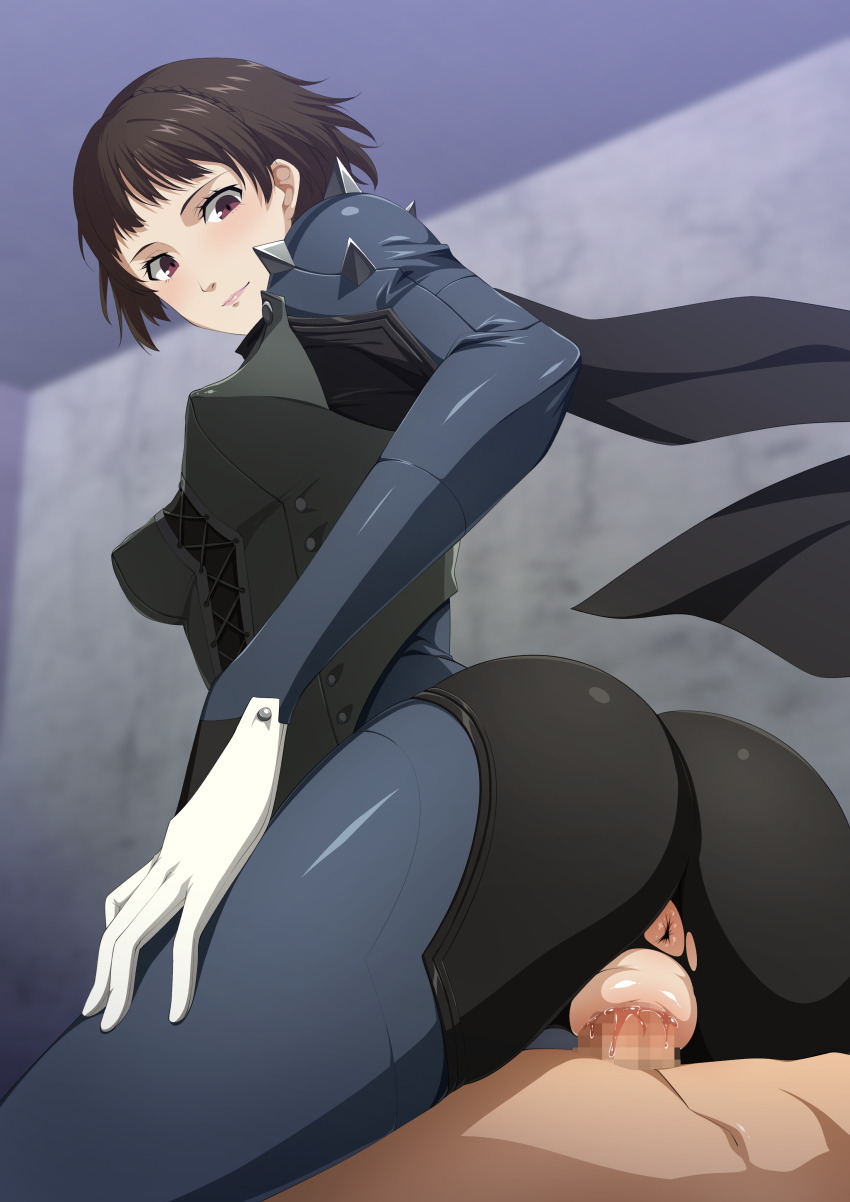 1boy 1girl absurdres ass ass_focus black_bodysuit bodysuit braid breasts brown_hair censored commission crown_braid from_behind girl_on_top hetero highres looking_back looking_down mosaic_censoring niijima_makoto penis persona persona_5 pointy_breasts pussy red_eyes reverse_cowgirl_position sex_from_behind short_hair skeb_commission small_breasts straddling torn_bodysuit torn_clothes vaginal yu-ta
