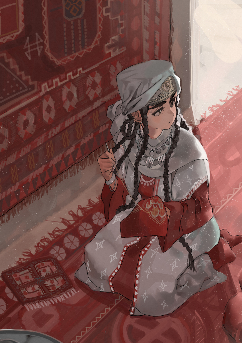 1girl black_eyes black_hair bracelet braid cape carpet dress ekitabu_hosii embroidery eyelashes fringe_trim from_above handkerchief headscarf highres holding holding_needle indoors jewelry layered_sleeves long_hair long_sleeves looking_away looking_to_the_side necklace needle no_shoes otoyomegatari pariya red_footwear red_theme seiza sewing sewing_needle short_over_long_sleeves short_sleeves sitting socks solo thread tray