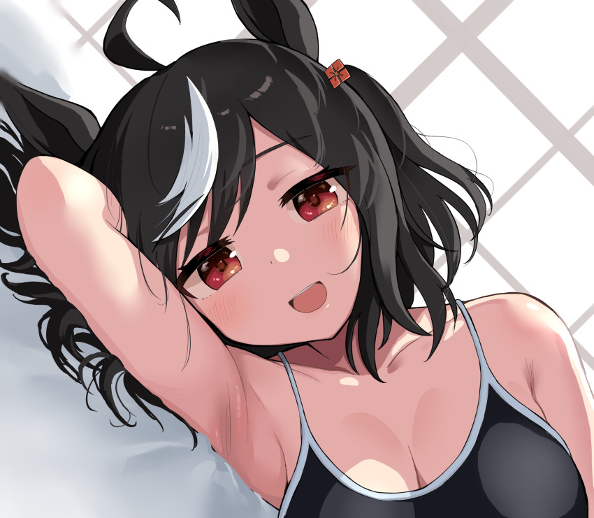 1girl :d ahoge animal_ears arm_up armpits backlighting bed_sheet black_hair black_one-piece_swimsuit blush breasts cleavage collarbone competition_swimsuit dutch_angle highres horse_ears indoors kitasan_black_(umamusume) looking_at_viewer lying maruzen18 medium_breasts multicolored_hair on_bed on_side one-piece_swimsuit one_side_up open_mouth red_eyes short_hair smile solo streaked_hair swept_bangs swimsuit two-tone_hair umamusume upper_body white_hair window