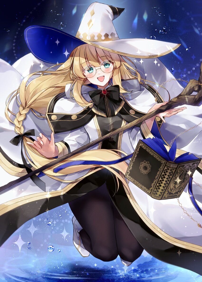 1girl absurdres aesc_(fate) aesc_(rain_witch)_(fate) black_dress blonde_hair book boots bow bowtie braid breasts brooch brown_pantyhose cloak dress fate/grand_order fate_(series) glasses gold_trim green_eyes hat highres jewelry long_hair long_sleeves looking_at_viewer low-braided_long_hair low-tied_long_hair medium_breasts misaki346 open_mouth pantyhose round_eyewear side_ponytail smile solo staff thighs two-tone_dress very_long_hair white_cloak white_dress white_hat wide_sleeves witch_hat