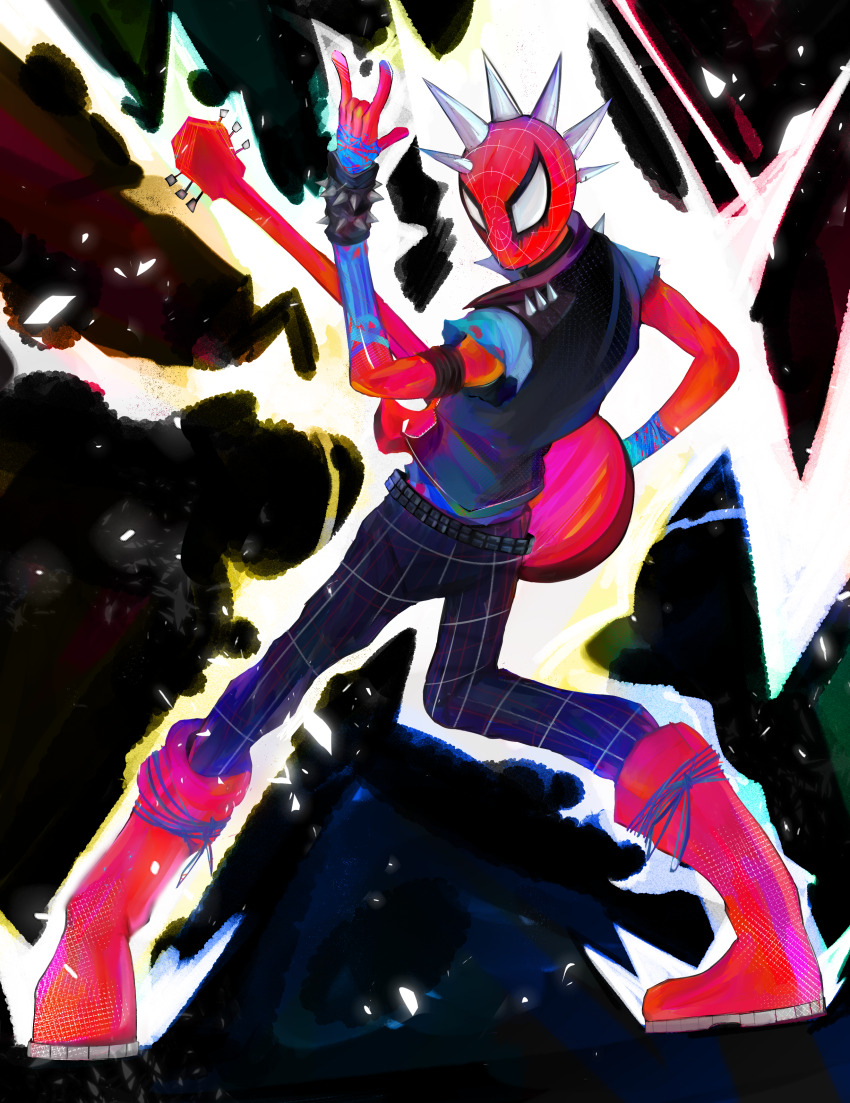 1boy absurdres boots bracelet commentary electric_guitar english_commentary guitar highres hobie_brown instrument jewelry marvel pants plaid_clothes plaid_pants punk rawxern spider-man:_into_the_spider-verse spider-man_(series) spider-punk spider-verse spiked_bracelet spikes superhero_costume