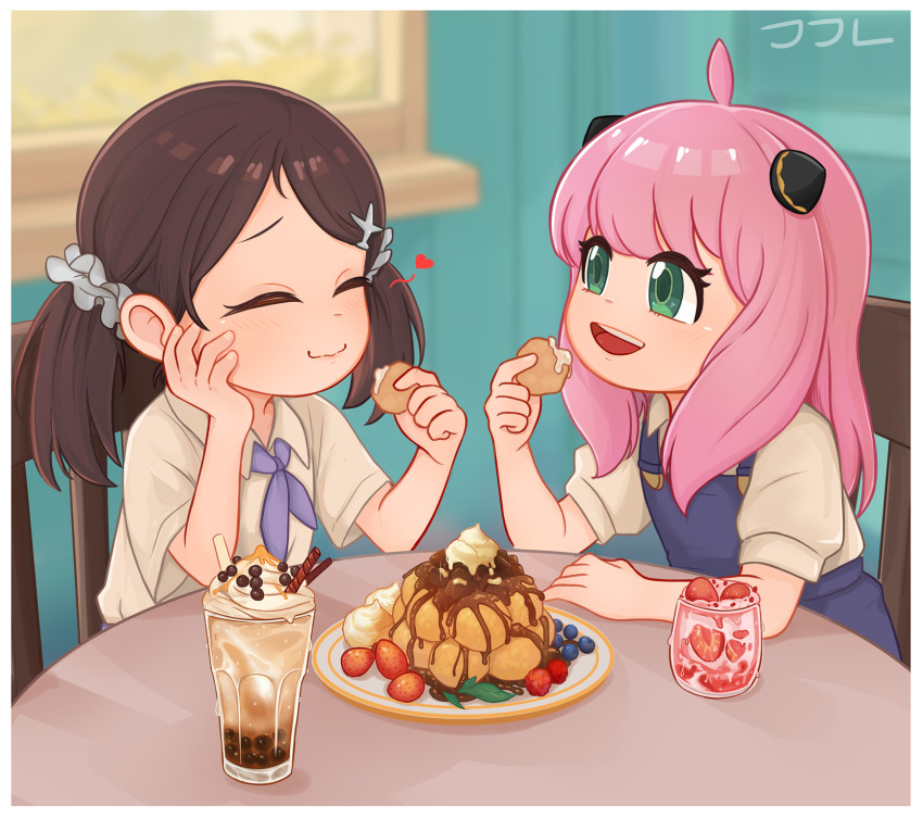 2024 2girls ahoge anya_(spy_x_family) becky_blackbell blush brown_hair closed_eyes dessert food fruit hairpods happy highres ice_cream jjl long_hair multiple_girls oscarlllll overalls pink_hair shirt short_twintails sitting smile spy_x_family strawberry twintails