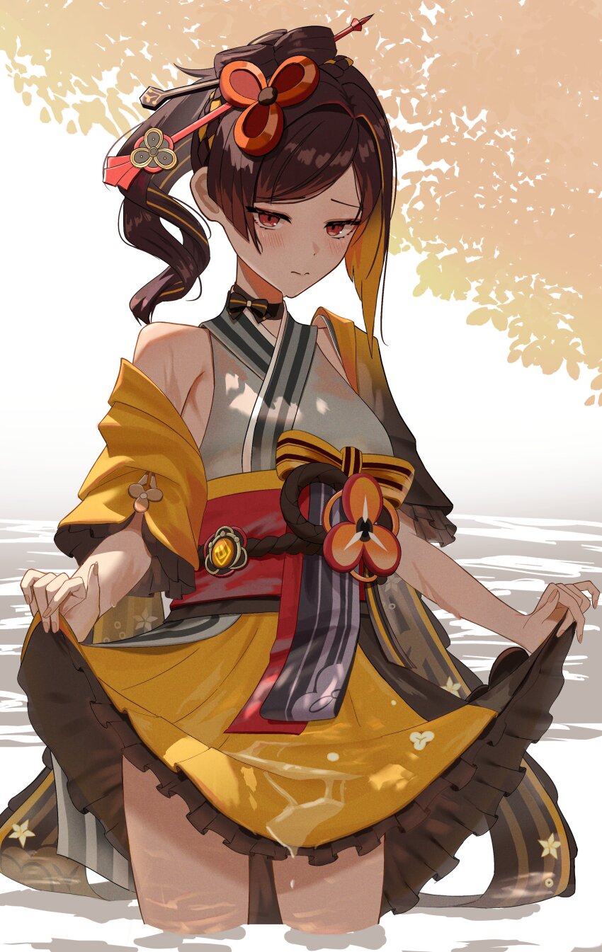 1girl absurdres bare_shoulders blush brown_hair chiori_(genshin_impact) closed_mouth clothes_lift drill_hair drill_ponytail genshin_impact grey_kimono hair_ornament hair_stick highres japanese_clothes kimono lifting_own_clothes looking_at_viewer multicolored_hair neck_ribbon obi oiro_ik orange_eyes red_sash ribbon sash skirt skirt_lift solo thighs water water_drop wet wet_clothes