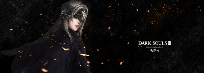 1girl absurdres artist_name cape closed_mouth copyright_name covered_eyes dark_background dark_souls_(series) dark_souls_iii fire_keeper grey_hair highres long_hair murasaki_saki red_lips solo sparks visor_(armor)