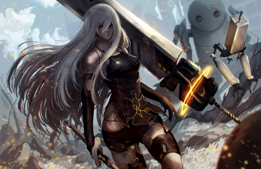 1girl a2_(nier:automata) absurdres android arms_at_sides bare_shoulders black_dress black_gloves black_shorts blue_eyes blurry breasts cloud cloudy_sky commentary cowboy_shot curvy day depth_of_field dirty dirty_face dress elbow_gloves english_commentary fighting_stance floating_hair gloves grey_hair hair_between_eyes highres holding holding_sword holding_weapon jesse_schickler katana large_breasts light_particles lips long_hair looking_at_viewer looking_to_the_side nier:automata nier_(series) nose outdoors parted_lips serious short_dress shorts sky sleeveless sleeveless_dress solo spaghetti_strap straight_hair sword v-shaped_eyebrows very_long_hair weapon
