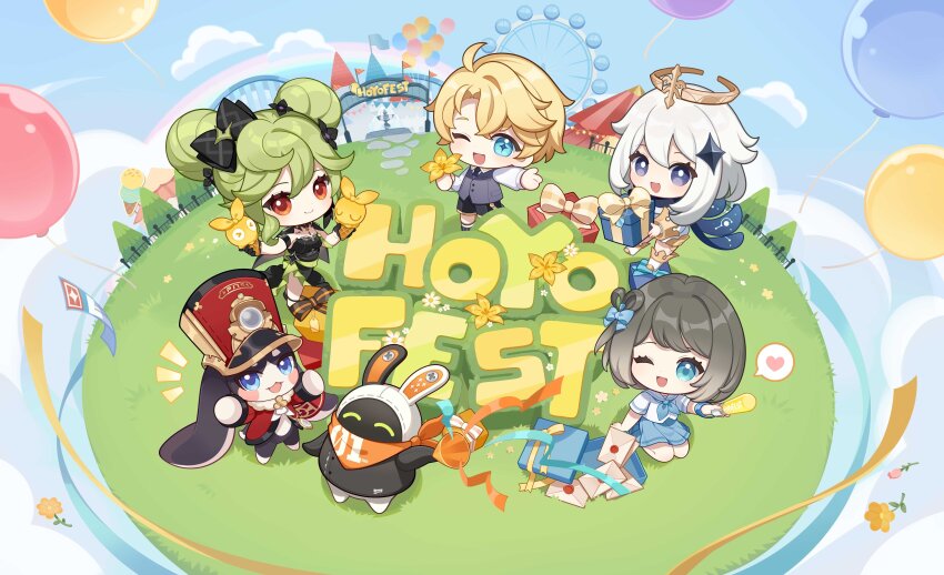 1boy 2others 3girls :d ;d absurdres ai-chan_(honkai_impact) ai_hyperion_lambda aqua_eyes balloon bangboo_(zenless_zone_zero) black_eyes black_scarf blonde_hair blue_bow blue_eyes blue_serafuku blue_skirt blue_sky blush bow chibi circus closed_mouth cloud cloudy_sky commentary company_connection davis_(tears_of_themis) double_bun dress english_commentary ferris_wheel flower full_body genshin_impact gift grass green_hair grey_hair hair_bow hair_bun halo heart highres holding holding_flower holding_gift homu_(honkai_impact) honkai_(series) honkai_impact_3rd long_hair looking_at_viewer mail mihoyo multiple_girls multiple_others n0va_desktop official_art one_eye_closed open_mouth orange_eyes outdoors paimon_(genshin_impact) pom-pom_(honkai:_star_rail) scarf school_uniform serafuku shirt skirt sky smile spoken_heart tears_of_themis white_dress white_hair white_shirt yoyo_lumi zenless_zone_zero