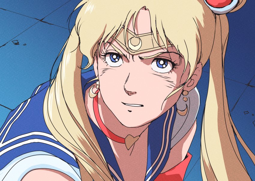 1girl absurdres bishoujo_senshi_sailor_moon bishoujo_senshi_sailor_moon_s blonde_hair blue_eyes choker circlet crescent crescent_earrings derivative_work double_bun earrings gundam hair_bun heart highres jewelry meme parody portrait sailor_collar sailor_moon sailor_moon_redraw_challenge_(meme) screenshot_redraw solo style_parody teikoku_jokyoku tsukino_usagi twintails