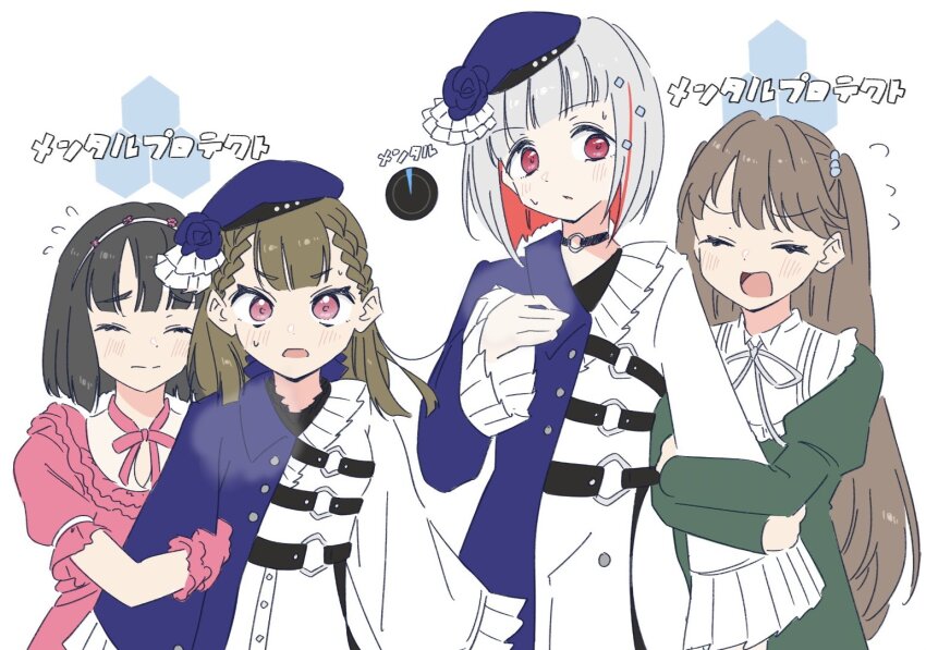 4girls asymmetrical_clothes asymmetrical_coat black_choker black_hair blue_coat blunt_bangs blunt_ends bob_cut braid breath brown_hair center-flap_bangs choker closed_eyes closed_mouth coat colored_inner_hair commentary dakishimeru_hanabira_(love_live!) diagonal_bangs diamond_hair_ornament dress frilled_dress frills fujishima_megumi gameplay_mechanics green_dress grey_hair grey_ribbon hairband health_bar hexagon inverted_bob juliet_sleeves kachimachi_kosuzu ladybug_(love_live!) link!_like!_love_live! llkapital long_hair long_sleeves love_live! momose_ginko multicolored_hair multiple_girls neck_ribbon o-ring o-ring_choker open_mouth pink_dress pink_eyes pink_ribbon puffy_short_sleeves puffy_sleeves red_eyes red_hair reflection_in_the_mirror_(love_live!) ribbon short_hair short_sleeves side_ahoge side_braids simple_background split_mouth straight_hair streaked_hair sweat translation_request two_side_up upper_body white_background white_dress white_hairband yugiri_tsuzuri