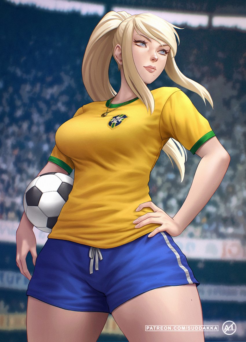 1girl ball basketball blonde_hair blue_eyes blue_shorts breasts closed_mouth cowboy_shot hand_on_own_hip high_ponytail highres holding holding_ball large_breasts lips long_hair looking_at_viewer looking_to_the_side metroid mole mole_on_thigh mole_under_mouth nintendo ponytail samus_aran shirt short_shorts short_sleeves shorts sidelocks smile soccer soccer_ball soccer_uniform solo sportswear standing suddakka thighs yellow_shirt