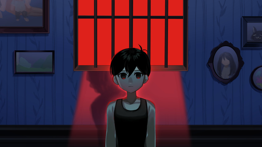 1boy antenna_hair arms_at_sides bare_arms bare_shoulders black_eyes black_hair black_tank_top closed_mouth collarbone colored_skin double-parted_bangs empty_eyes family_portrait hair_behind_ear hair_between_eyes highres indoors keiseki1 looking_at_viewer mari_(faraway)_(omori) mari_(omori) mewo omori omori_(omori) painting_(object) portrait_(object) red_eyes shadow short_hair solo spoilers straight-on tank_top two-tone_eyes upper_body white_skin window