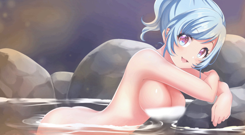 1girl animated animated_gif blue_hair breast_expansion breasts completely_nude convenient_censoring female_focus highres large_breasts looking_at_viewer minase_juri nude omega_labyrinth omega_labyrinth_life onsen solo steam steam_censor