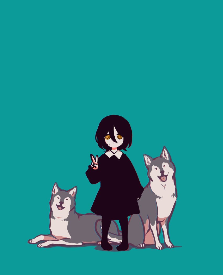 1girl 2others black_dress black_hair black_thighhighs blue_background chainsaw_man dress hair_between_eyes highres husky ka42541785 looking_at_viewer multiple_others nayuta_(chainsaw_man) ringed_eyes short_hair simple_background thighhighs v yellow_eyes