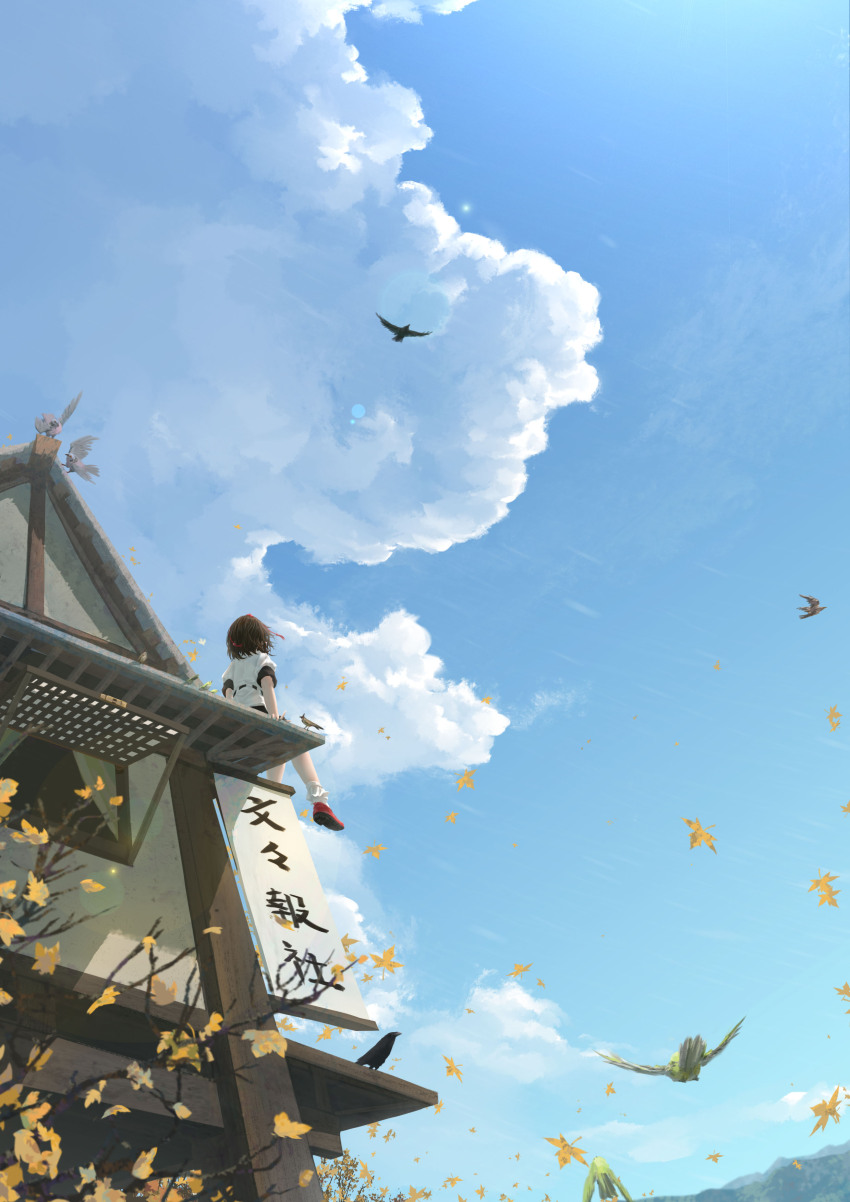 1girl absurdres animal bird black_hair cloud cloudy_sky day fasnakegod hat highres leaf maple_leaf outdoors red_hat shameimaru_aya shirt short_hair short_sleeves sky solo tokin_hat touhou white_shirt