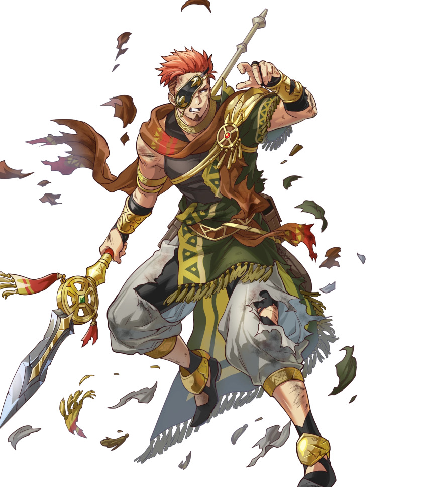 1boy armlet armor attack baggy_pants clenched_teeth eyepatch facial_hair fire_emblem fire_emblem_echoes:_shadows_of_valentia fire_emblem_heroes highres holding holding_weapon indesign jewelry male_focus nintendo non-web_source official_alternate_costume official_art orange_hair pants polearm saber_(fire_emblem) saber_(jehanna)_(fire_emblem) scarf shoulder_armor single_shoulder_pad solo spear teeth torn_clothes weapon