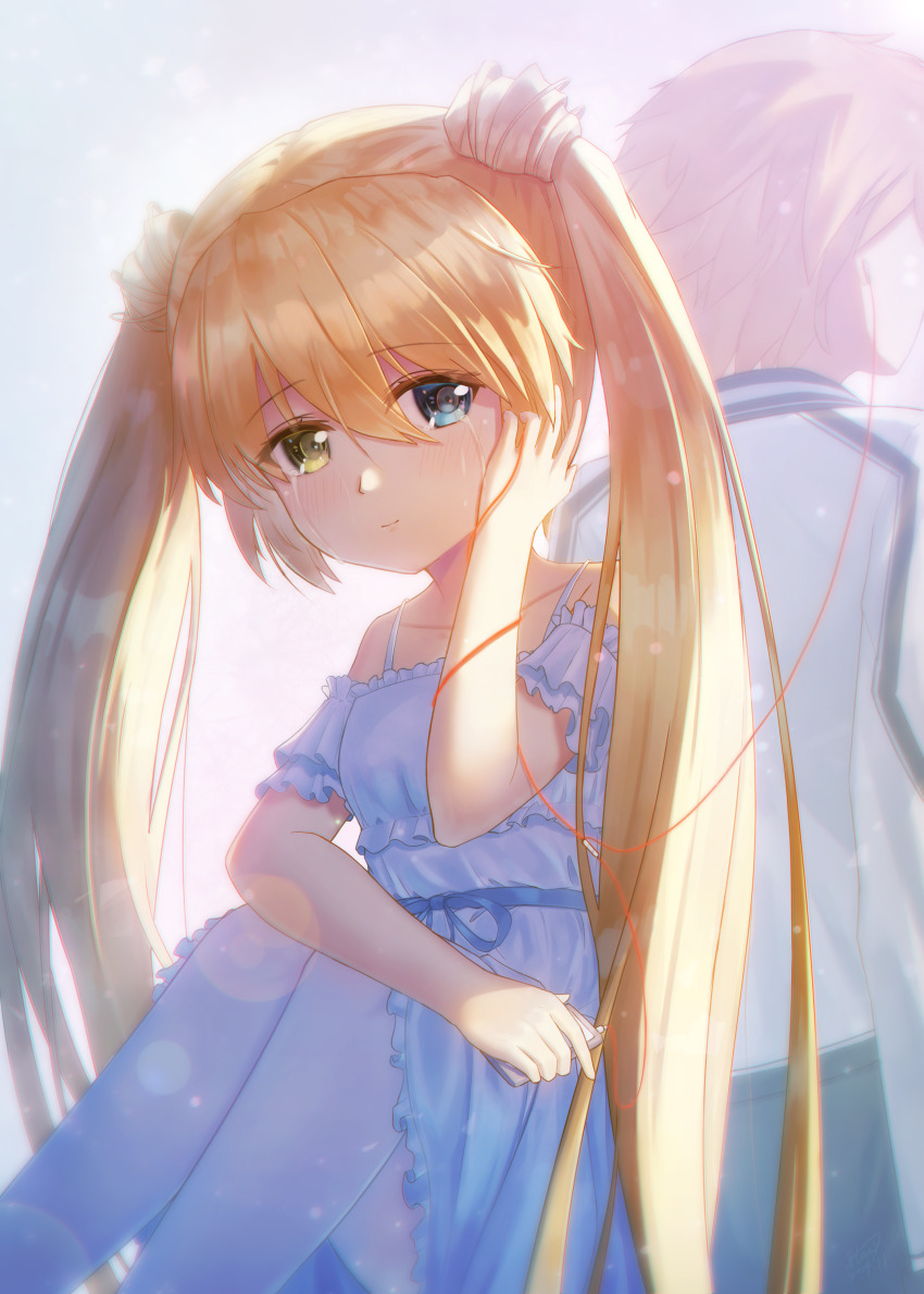 1boy 1girl absurdres back-to-back backlighting blonde_hair blue_eyes blue_ribbon blush closed_mouth collarbone commentary couple crying crying_with_eyes_open digital_media_player dress earphones feet_out_of_frame flowingcrescent frilled_dress frills hair_between_eyes hand_up hetero heterochromia highres holding_digital_media_player jacket kazamatsuri_institute_high_school_uniform knees_up long_hair nakatsu_shizuru off-shoulder_dress off_shoulder official_alternate_costume orange_hair pantyhose rewrite ribbon school_uniform see-through_body shared_earphones short_hair short_sleeves sidelocks sitting smile solo_focus spiked_hair straight_hair streaming_tears sundress tears tennouji_kotarou twintails very_long_hair white_dress white_jacket white_pantyhose yellow_eyes