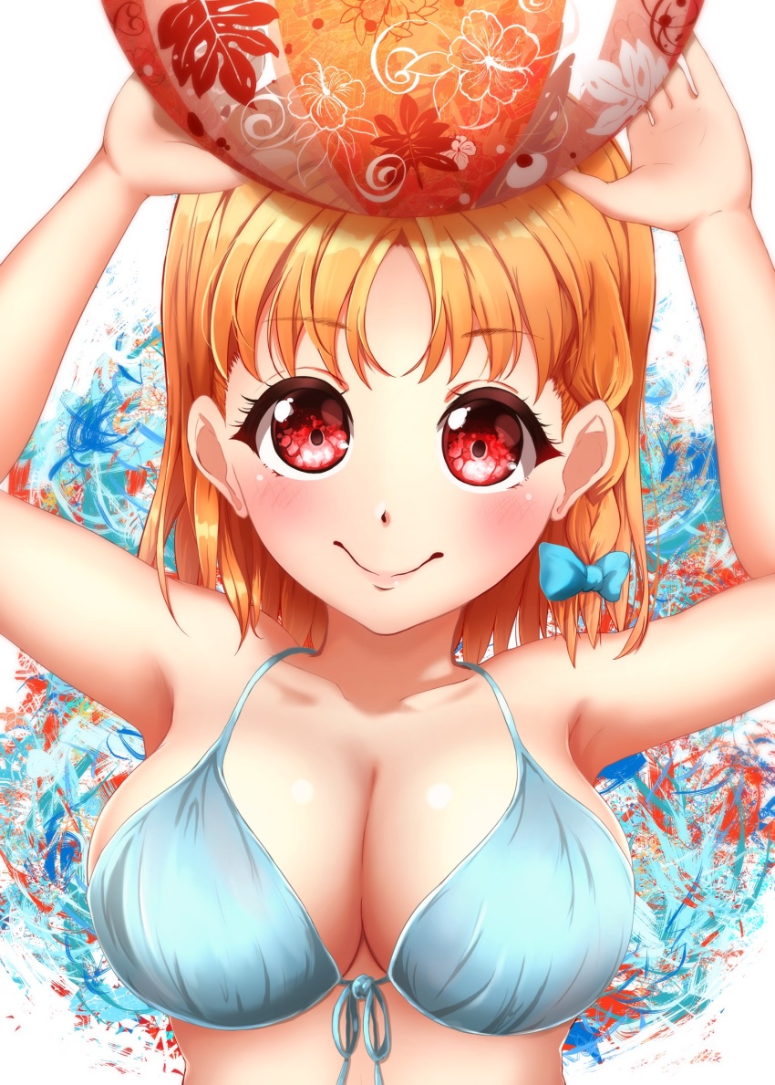 1girl aoiao aqua_bikini artist_name artist_request ball bare_shoulders bikini blue_bikini blue_bow bow female_focus hair_bow hand_over_head highres holding holding_ball looking_at_viewer love_live! love_live!_sunshine!! orange_hair parted_lips red_eyes short_hair smile solo swimsuit takami_chika white_background