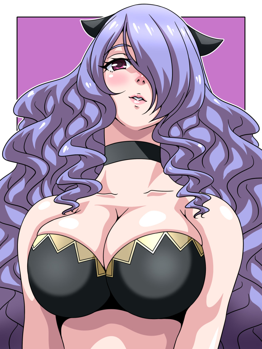 1girl black_choker blush border breasts camilla_(fire_emblem) choker fire_emblem fire_emblem_fates hair_over_one_eye highres inaba_(tensai21) large_breasts long_hair looking_at_viewer nintendo portrait purple_background purple_hair simple_background solo sports_bra two-tone_background upper_body wavy_hair white_border