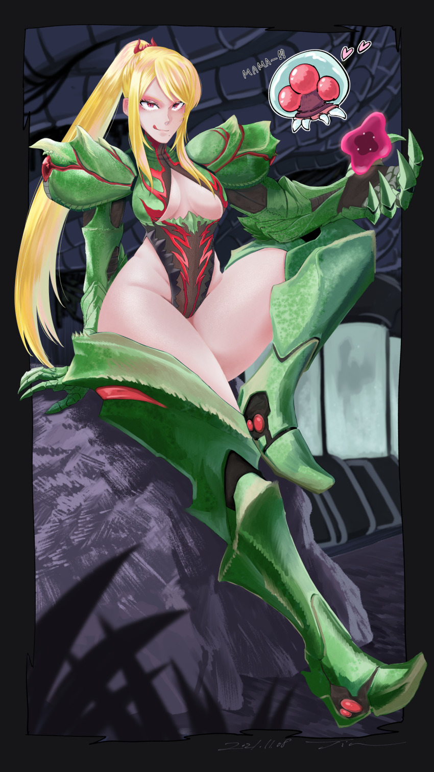 1girl absurdres adapted_costume armor blonde_hair breasts claws cleavage cleavage_cutout clothing_cutout eyeshadow highres jin_(funaki_gen) licking_lips makeup metroid metroid_(creature) metroid_dread metroid_suit mole mole_under_mouth nintendo ponytail power_armor red_eyes samus_aran sitting slit_pupils solo spoilers thick_thighs thighs tongue tongue_out underboob wide_hips x_parasite