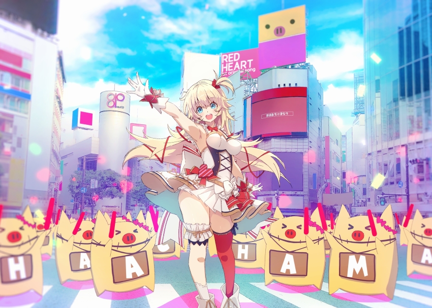 1girl akai_haato armpits asymmetrical_legwear blonde_hair blue_eyes brand_name_imitation crosswalk gloves harada_isuka heart highres hololive open_mouth pleated_skirt shibuya_(tokyo) skirt thighs tokyo_(city) traffic_light uneven_legwear virtual_youtuber