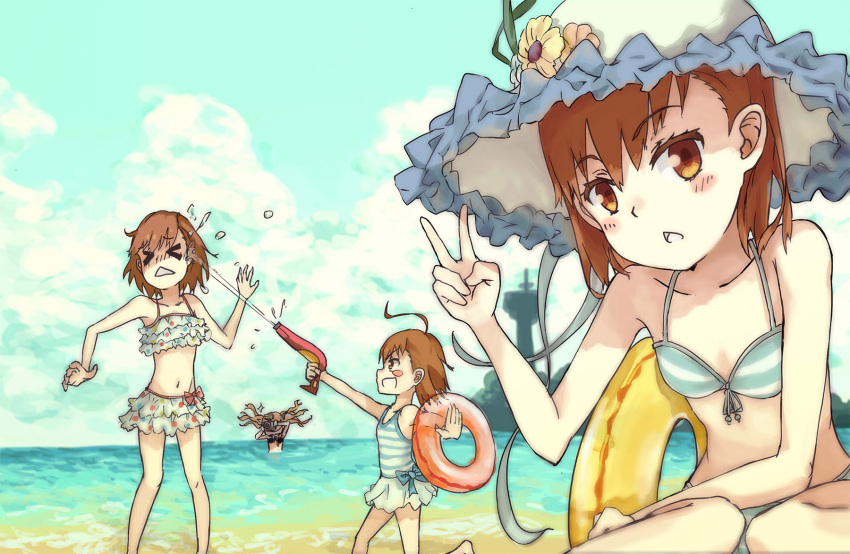 &gt;_&lt; 4girls :&lt; :d age_difference ahoge bare_arms bare_shoulders beach bikini black_bikini blue_bow blue_sky blush blush_stickers bow breasts brown_eyes brown_hair camera child cloud collarbone commentary day feet_out_of_frame floating_hair flower frilled_bikini frilled_hat frilled_headwear frills hair_between_eyes hand_up hat hat_flower height_difference highres holding holding_camera holding_swim_ring holding_water_gun innertube last_order_(toaru_majutsu_no_index) lighthouse looking_at_another looking_at_viewer medium_hair miniskirt misaka_imouto misaka_mikoto multicolored_polka_dots multiple_girls navel ocean one-piece_swimsuit open_mouth outdoors pleated_skirt polka_dot polka_dot_bikini red_innertube shirai_kuroko siblings sisters sitting skirt sky small_breasts smile sparkle standing stomach striped_bikini striped_clothes striped_one-piece_swimsuit sun_hat swim_ring swimsuit toaru_kagaku_no_railgun toaru_majutsu_no_index tomato_(lsj44867) twintails v wading wariza water water_gun white_bikini white_hat white_skirt yellow_innertube