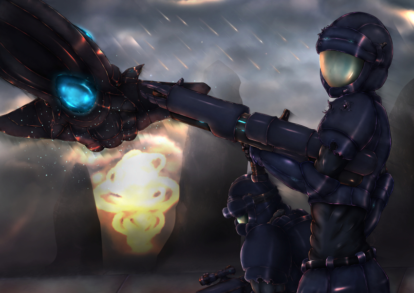 2boys armor assault_rifle blurry blurry_background broken_armor bullet_hole explosion global_occult_coalition green_hair grey_sky gun highres hong9_(poe-one) looking_at_viewer multiple_boys orange_eyes rifle scp_foundation sky spacecraft weapon