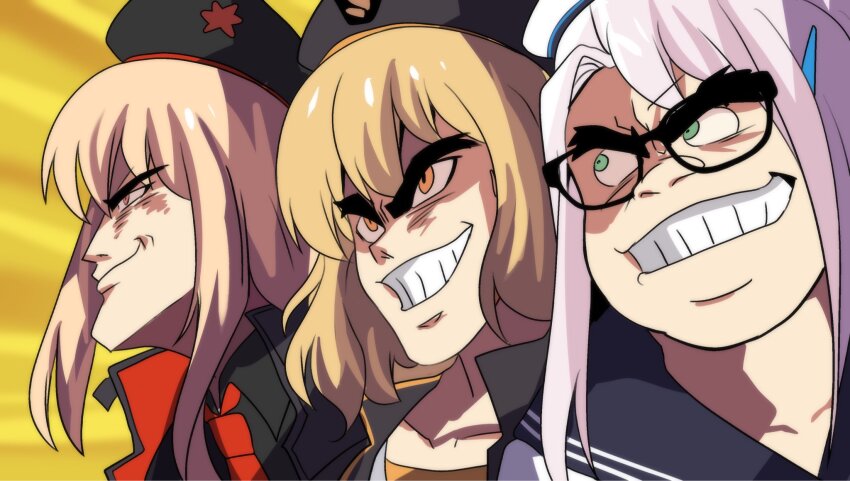 3girls anis_(nikke) blonde_hair commentary getter_robo getter_team_pose_(meme) glasses goddess_of_victory:_nikke grin highres hinghoi ishikawa_ken_(style) meme multiple_girls neon_(nikke) parody pink_hair rapi_(nikke) shin_getter_robo smile style_parody thick_eyebrows