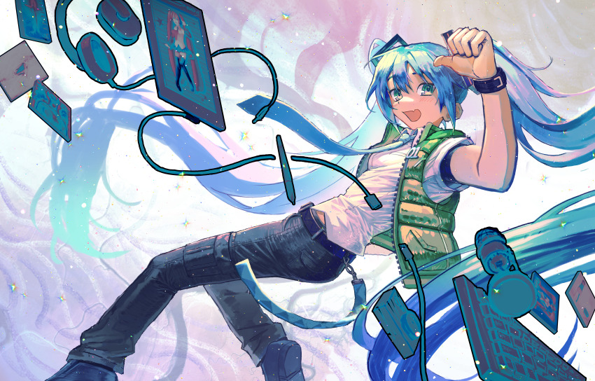 1girl absurdres black_footwear black_pants blue_eyes blue_hair commentary down_vest fang green_vest hatsune_miku highres khazure long_hair open_clothes open_mouth open_vest pants shirt skin_fang smile solo textless_version twintails vest vocaloid white_shirt