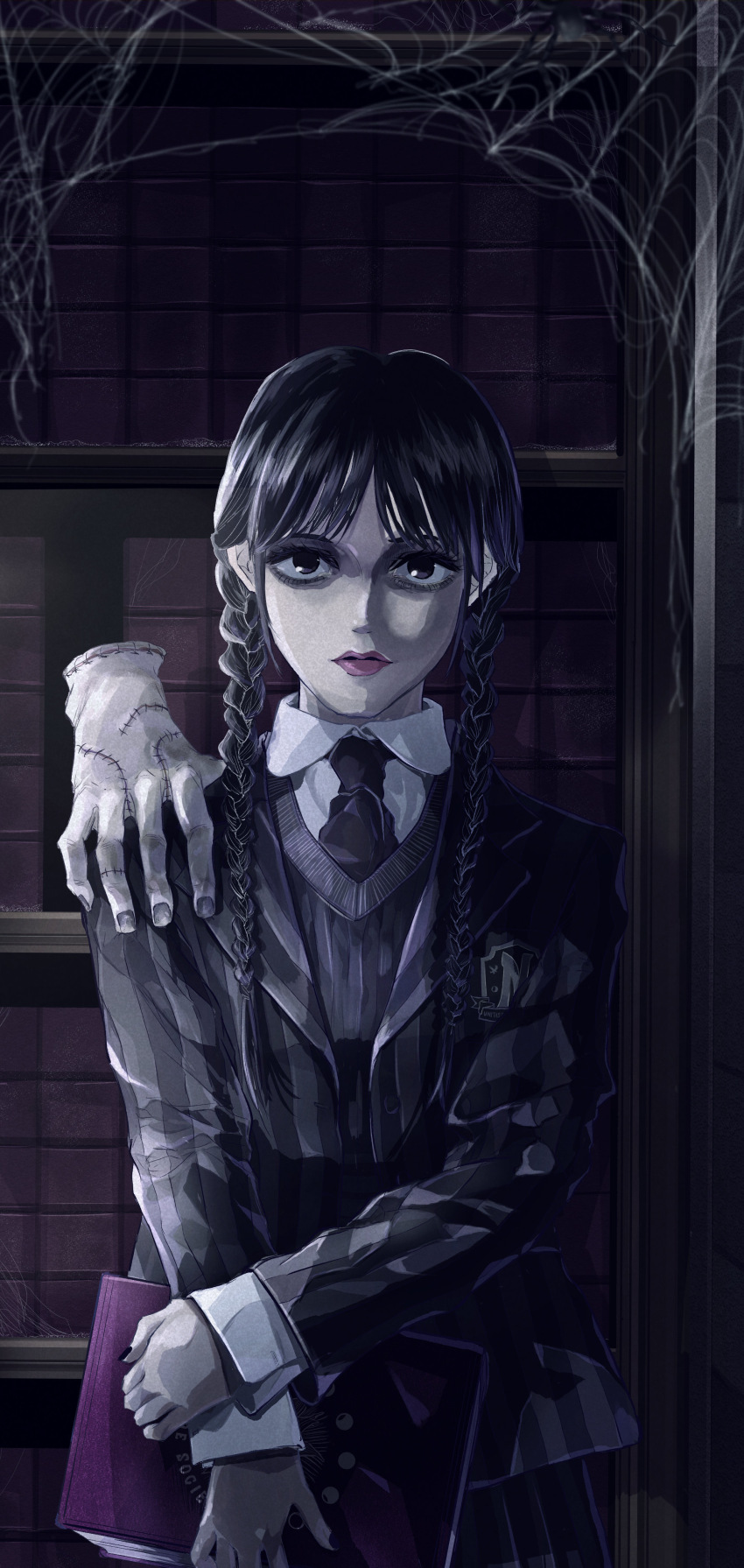 1girl 1other absurdres addams_family artist_request black_eyes black_hair braid crossed_arms expressionless freckles highres lips long_hair looking_at_viewer parted_bangs portrait solo things twin_braids wednesday_(netflix) wednesday_addams