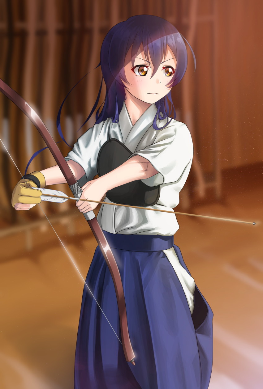 1girl archery archery_dojo arm_up arrow_(projectile) blue_hair bow_(weapon) commentary_request drawing_bow gloves hair_between_eyes hakama hakama_short_skirt hakama_skirt highres holding holding_arrow holding_bow_(weapon) holding_weapon japanese_clothes kyuudou long_hair love_live! love_live!_school_idol_project muneate partially_fingerless_gloves partly_fingerless_gloves single_glove skirt solo sonoda_umi swept_bangs weapon yachi_(fujiyasu0616) yellow_eyes yugake