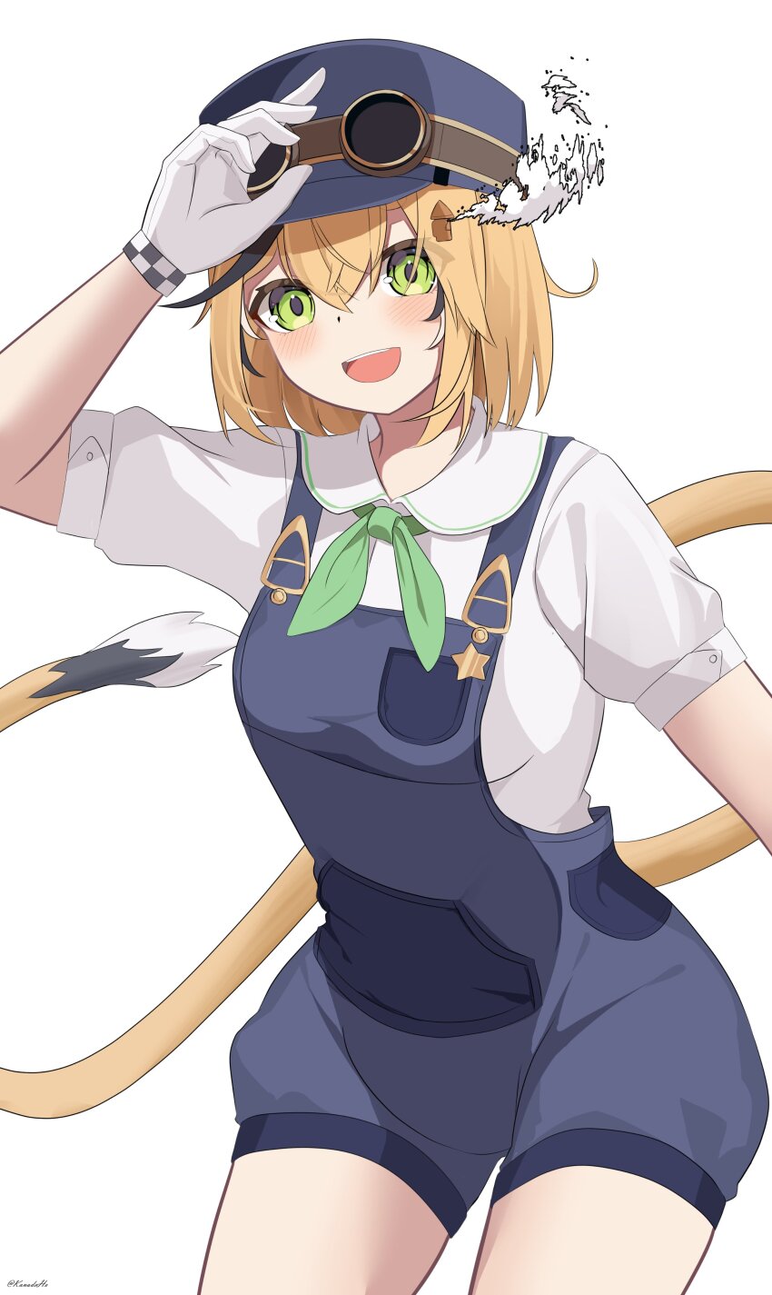 1girl absurdres blonde_hair blue_hat blue_overalls checkered_gloves dooby_(vtuber) goggles goggles_on_headwear green_eyes green_neckerchief hat heart highres indie_virtual_youtuber kanadeho looking_at_viewer neckerchief notice_lines overalls shirt solo tail tongue tongue_out train_conductor virtual_youtuber white_shirt