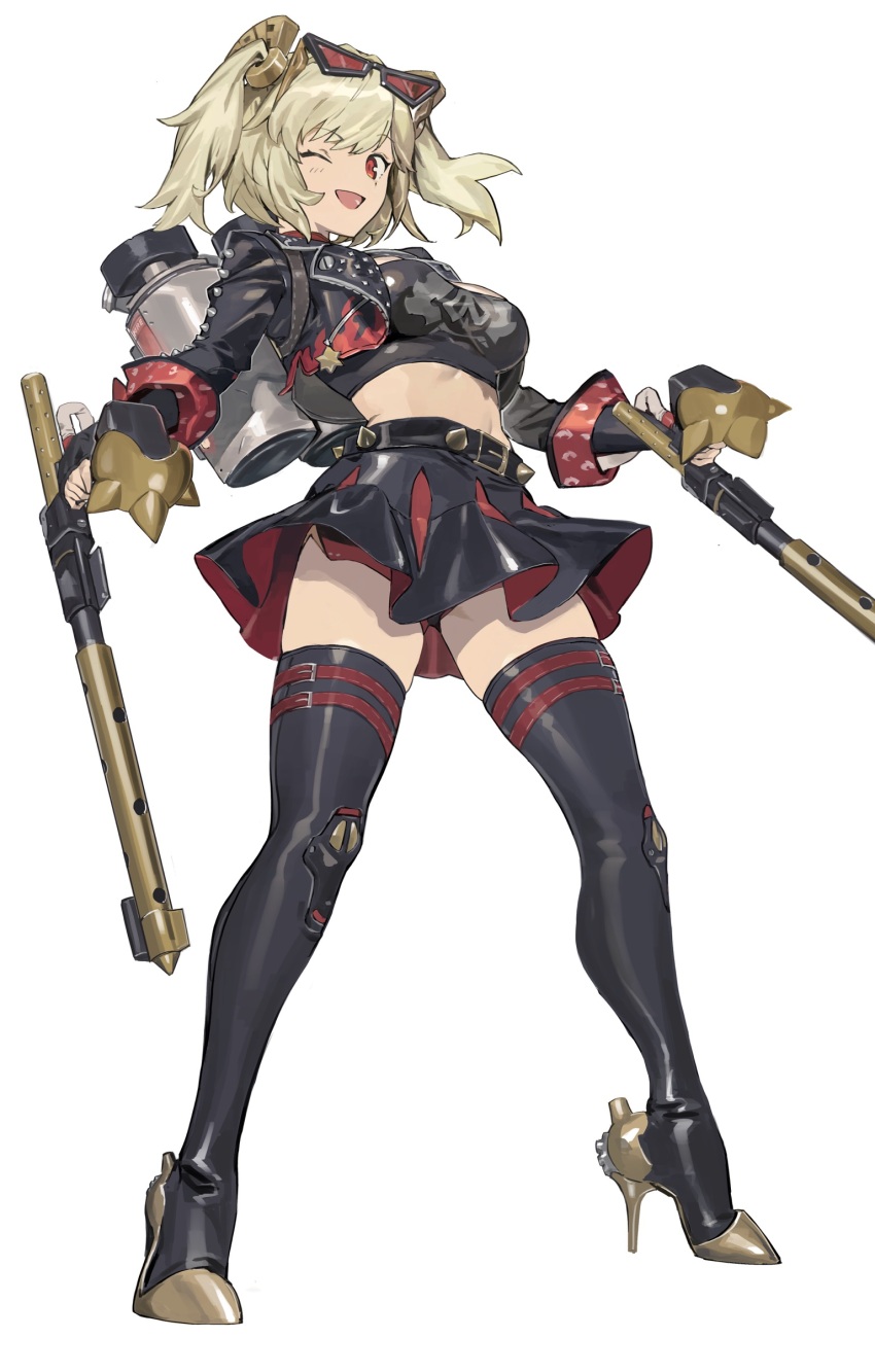 1girl absurdres black_jacket black_skirt black_tube_top blonde_hair boots breasts burnice_white crop_top eyewear_on_head flamethrower full_body hashibiro_kou_(garapiko_p) high-waist_skirt highres holding_flamethrower holding_weapon jacket legs_apart looking_at_viewer medium_breasts one_eye_closed open_mouth red-tinted_eyewear simple_background skirt solo spiked_belt spiked_jacket standing strapless thigh_boots tinted_eyewear tube_top two_side_up weapon white_background zenless_zone_zero