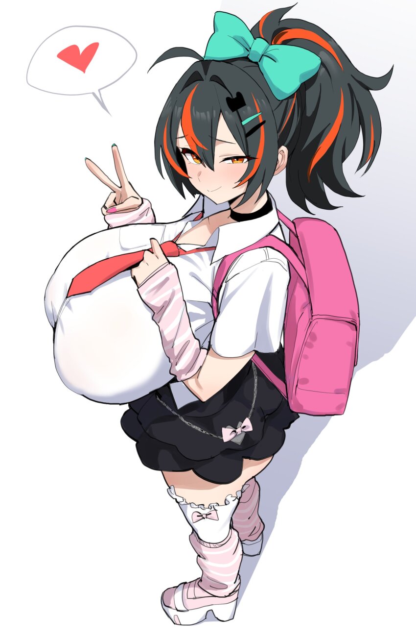 1girl absurdres arm_warmers backpack bag black_hair breasts chinatsu_remiel cosplay highres huge_breasts multicolored_hair nail_polish necktie pink_arm_warmers pink_bag pink_eyes ponytail school_uniform streaked_hair thighhighs v xipa zenless_zone_zero zhu_yuan