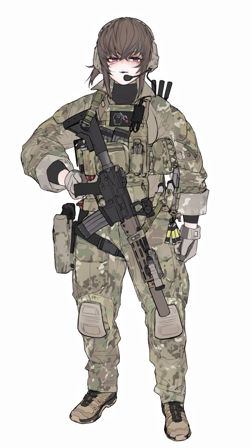 1girl absurdres alma01 ar-15 boots brown_hair camouflage flashbang folding_knife gloves gun handgun headset heart highres knee_pads long_bangs looking_at_viewer military military_uniform open_collar optical_sight original purple_eyes rifle sleeves_rolled_up solo suppressor weapon white_background