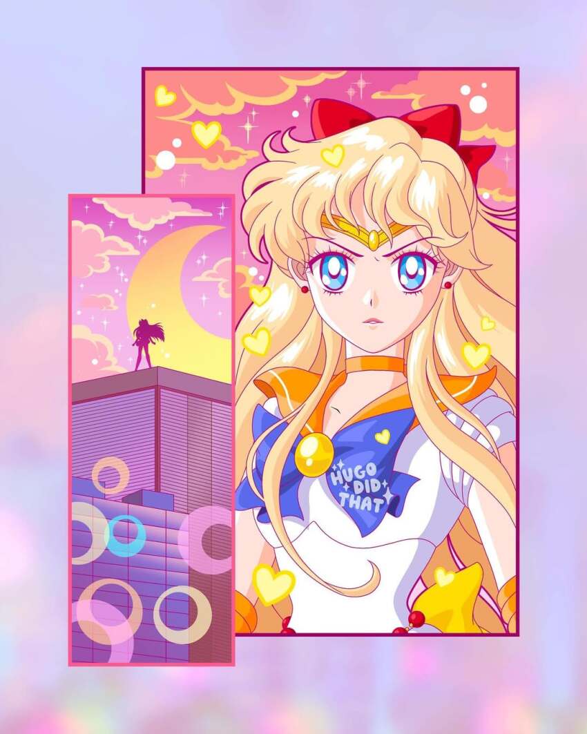 1girl aino_minako bishoujo_senshi_sailor_moon blonde_hair blue_eyes bow building cloud earrings hugo.did.that jewelry long_hair magical_girl moon red_bow sailor_venus short_sleeves silhouette very_long_hair