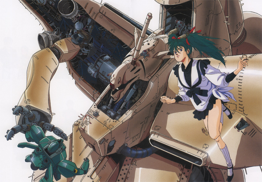 1980s_(style) 1girl alpha_azieru anno_hideaki artist_collaboration battle char&#039;s_counterattack commentary damaged dress english_commentary green_hair gundam jegan key_visual machinery mecha miniskirt mobile_armor mobile_suit official_art oldschool one-eyed promotional_art quess_paraya retro_artstyle robot sadamoto_yoshiyuki scan science_fiction size_difference skirt traditional_media