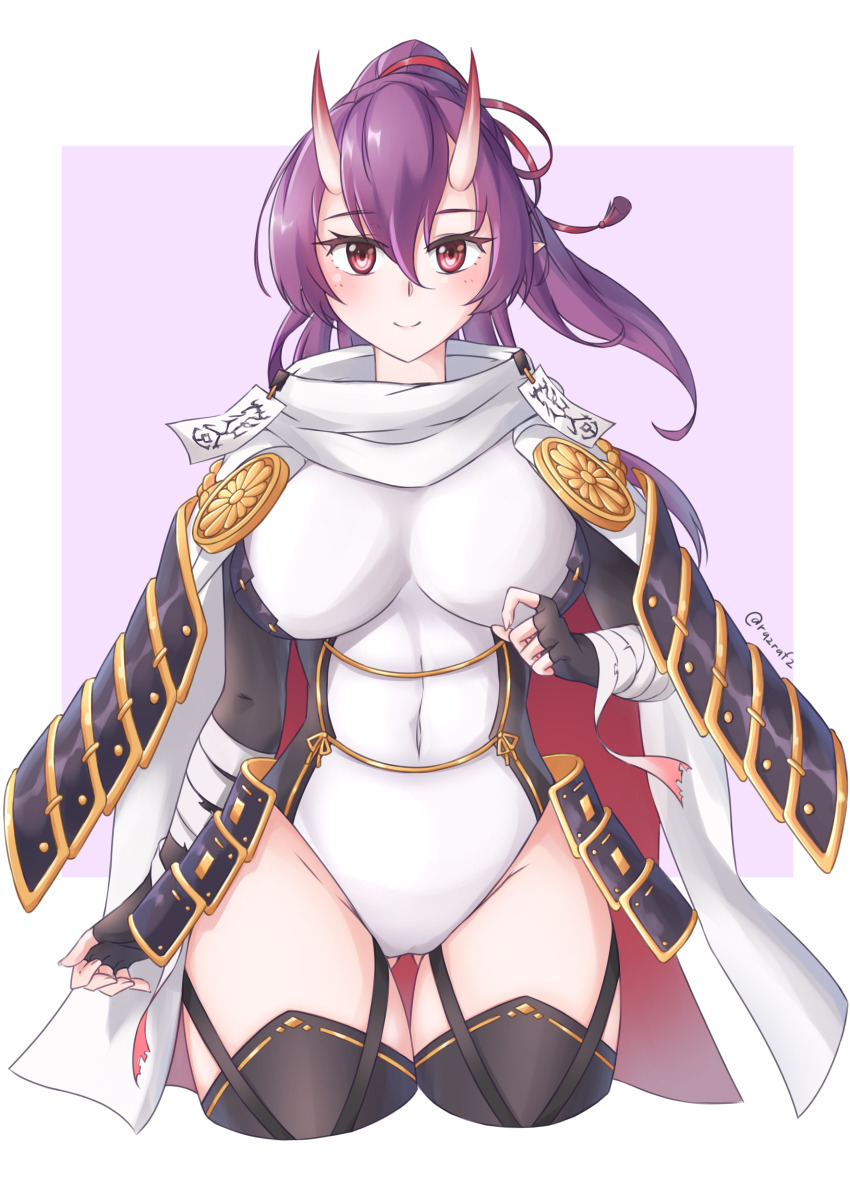 1girl absurdres arm_wrap armor azur_lane border breasts closed_mouth commentary cropped_legs demon_horns english_commentary fingerless_gloves gloves gold_trim hair_between_eyes highleg highleg_leotard highres horns impossible_clothes impossible_leotard izumo_(azur_lane) japanese_armor kikumon large_breasts leotard long_hair oni pointy_ears ponytail purple_background purple_hair razrafz red_eyes scarf shoulder_armor simple_background skin-covered_horns smile sode solo standing thighhighs two-tone_background white_border white_leotard white_scarf