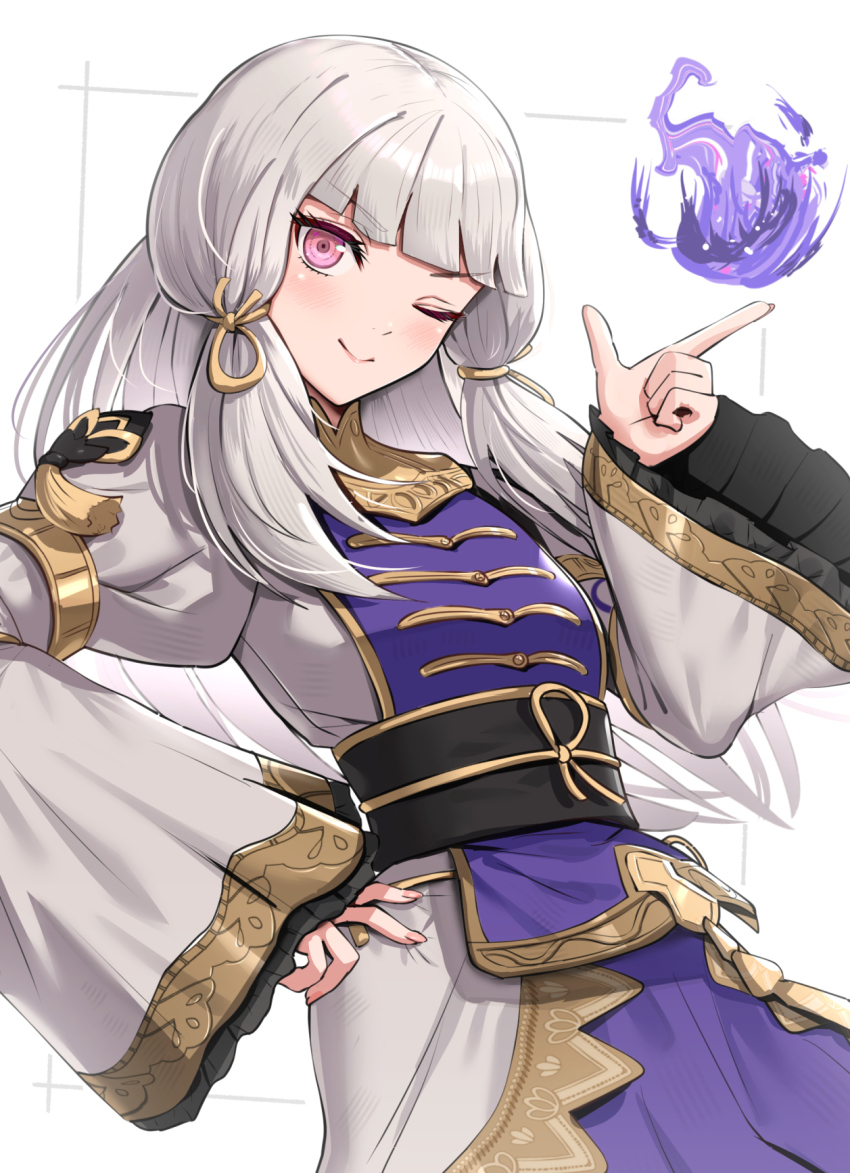 1girl ;) black_sash blunt_bangs breasts closed_mouth dress fire_emblem fire_emblem:_three_houses fire_emblem_warriors fire_emblem_warriors:_three_hopes gold_trim gonzarez hair_ornament hair_tie hand_on_own_hip highres juliet_sleeves long_hair long_sleeves looking_at_viewer lysithea_von_ordelia magic nintendo obi official_alternate_costume official_alternate_hairstyle one_eye_closed pink_eyes puffy_sleeves purple_dress sash simple_background sleeves_past_wrists small_breasts smile solo two-tone_dress upper_body white_background white_dress white_hair