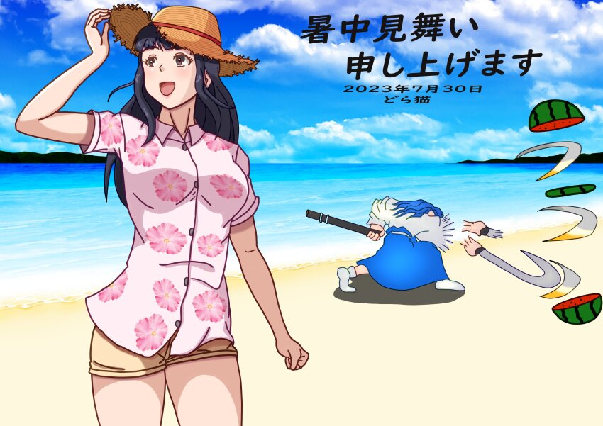 1boy 1girl absurdres alternate_costume arm_up beach blue_hair breasts food fruit grey_eyes hat highres japanese_clothes legs long_hair medium_breasts nakoruru ocean official_alternate_costume open_mouth purple_hair samurai_spirits shirt shorts smile snk straw_hat sword tachibana_ukyou thighs water watermelon weapon