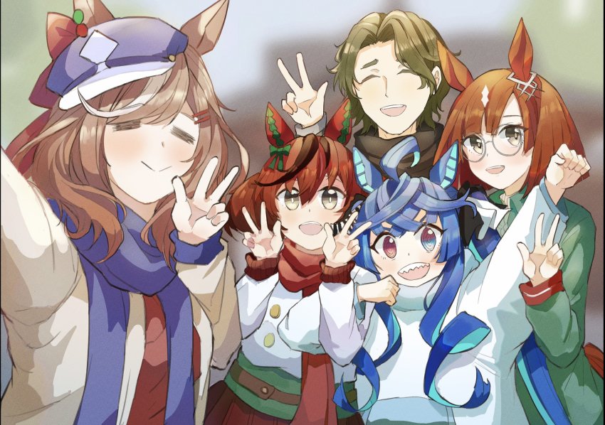 1boy 4girls :&gt; =_= @_@ ahoge animal_ears arm_up blue_eyes blue_hair blush bright_pupils brown_coat brown_hair cabbie_hat closed_mouth coat crossed_bangs double_v ear_covers ears_through_headwear glasses green_coat hand_up hands_up hat heterochromia highres hood hoodie hope_fantasy horse_ears ikuno_dictus_(umamusume) locked_arms long_hair long_sleeves looking_at_viewer matikane_tannhauser_(umamusume) multicolored_hair multiple_girls nice_nature_(umamusume) open_mouth orange_hair outstretched_arm parted_bangs raised_fist round_eyewear scarf selfie sharp_teeth short_hair smile streaked_hair teeth trainer_(umamusume) trainer_minamizaka twin_turbo_(umamusume) umamusume upper_body v white_hoodie white_pupils