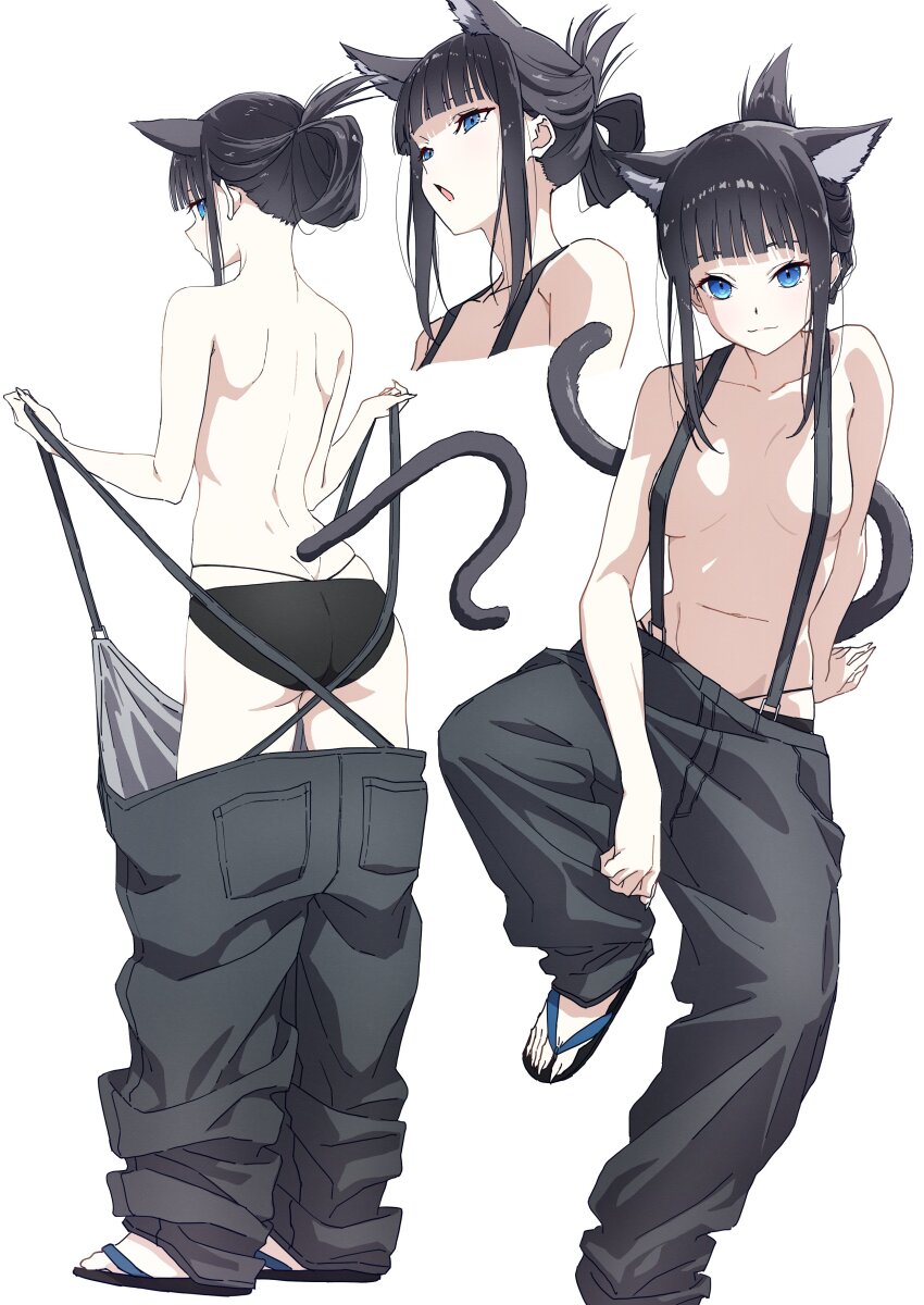 1girl absurdres animal_ear_fluff animal_ears black_hair black_panties black_pants blue_eyes blunt_bangs breasts cat_ears cat_girl cat_tail character_request closed_mouth collarbone copyright_request from_behind highres light_smile looking_at_viewer makicha_(sasurainopink) making-of_available medium_breasts open_mouth panties pants sandals sidelocks simple_background smile suspenders tail toes topless underwear white_background