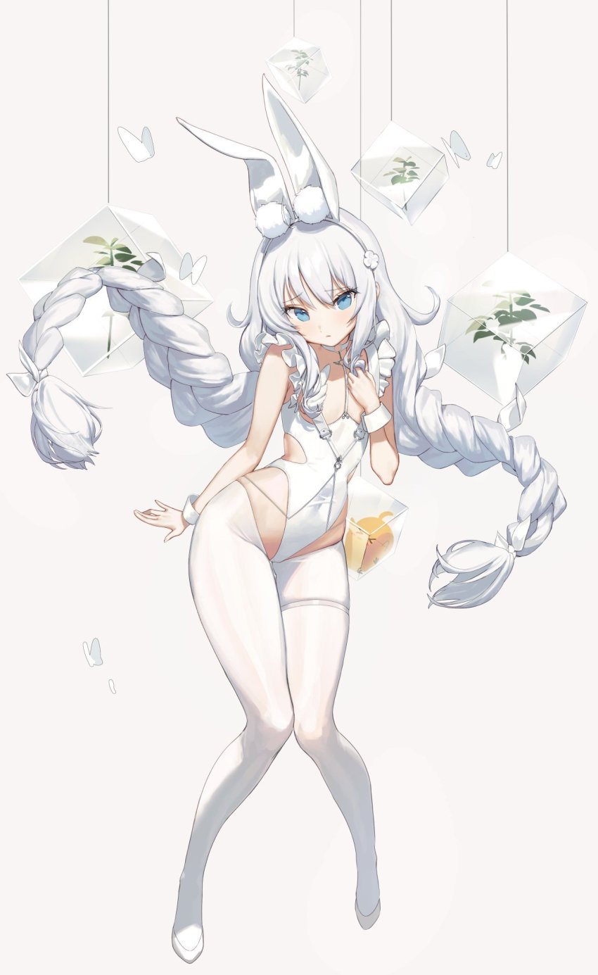 &gt;_&lt; 1girl animal_ear_fluff animal_ears azur_lane banned_artist blue_eyes braid closed_mouth clothing_cutout commentary covered_navel dai_nikucho flats frills frozen full_body grey_background grey_hair hand_on_own_chest hand_up highres ice ice_cube knees knees_together_feet_apart le_malin_(azur_lane) le_malin_(listless_lapin)_(azur_lane) legs leotard long_hair looking_at_viewer manjuu_(azur_lane) pantyhose plant rabbit_ears simple_background standing string thigh_strap thighs twin_braids white_footwear white_leotard white_pantyhose wrist_cuffs