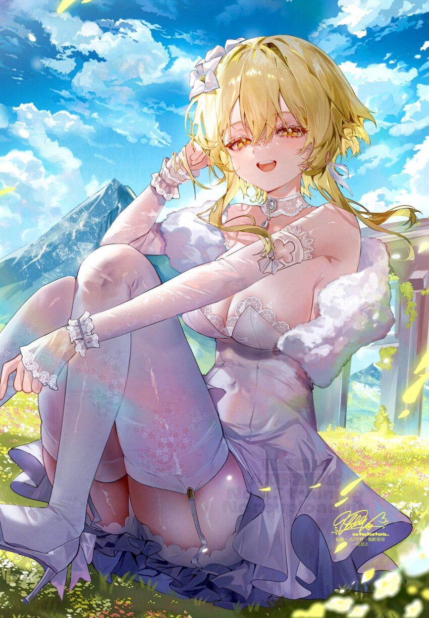 1girl alternate_costume bare_shoulders blonde_hair blue_sky breasts cleavage cloud cloudy_sky detached_sleeves dress floating_hair flower garter_straps genshin_impact hair_flower hair_ornament hand_up high_heels highres long_sleeves looking_at_viewer lumine_(genshin_impact) open_mouth outdoors short_hair_with_long_locks signature sky smile thighhighs utsuhostoria watermark white_dress white_footwear white_thighhighs