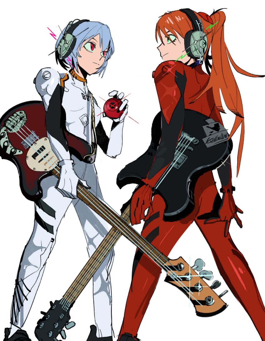 2girls alternate_eye_color alternate_hairstyle ayanami_rei black_shoes blue_hair bodysuit breasts closed_mouth commentary copyright_name electric_bass_guitar electric_guitar english_commentary expressionless face-to-face from_behind from_below from_side green_eyes green_headphones guitar guitar_strap hair_between_eyes highres holding holding_guitar holding_instrument instrument legs_apart long_hair long_sleeves looking_ahead mecha_pilot_suit multiple_girls neon_genesis_evangelion nineinsweet orb plugsuit red_bodysuit red_eyes red_hair shoes short_hair shoulder_strap small_breasts sneakers souryuu_asuka_langley sparkle standing sticker twintails white_bodysuit