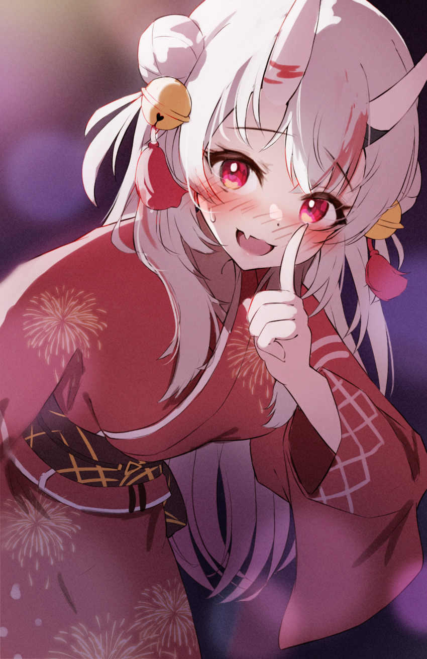 1girl bell blush brown_sash double_bun fang hair_bell hair_bun hair_ornament highres hololive horns japanese_clothes keesuke_(kkosyoku) kimono long_hair multicolored_hair nakiri_ayame obi obijime oni pink_eyes red_hair red_kimono sash skin-covered_horns skin_fang solo streaked_hair sweat virtual_youtuber white_hair