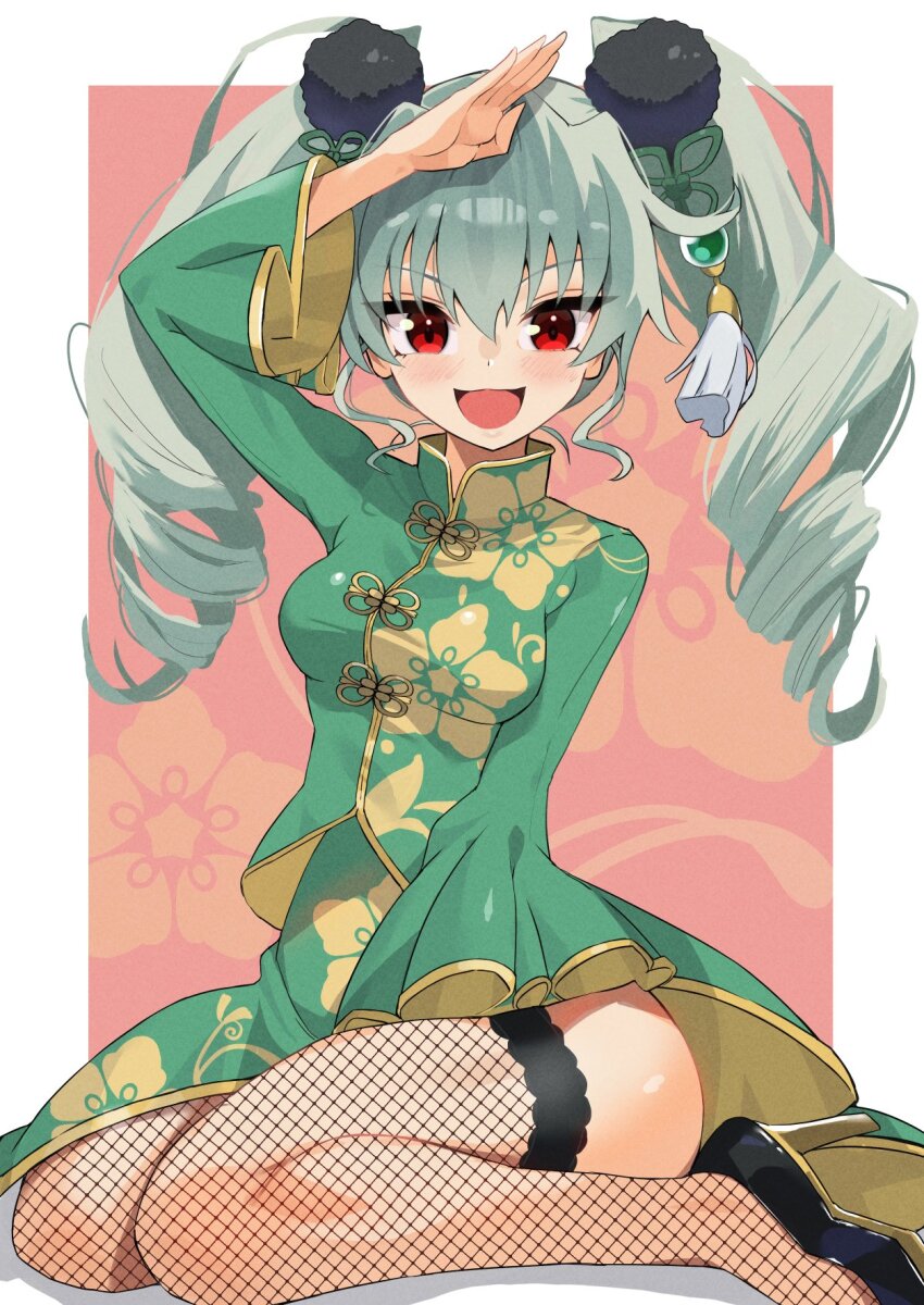 1girl anchovy_(girls_und_panzer) arm_up blaze_(blazeillust) breasts china_dress chinese_clothes dress drill_hair fishnet_thighhighs fishnets girls_und_panzer green_dress green_hair hair_ornament high_heels highres long_hair looking_at_viewer open_mouth red_eyes sitting small_breasts smile solo tassel tassel_hair_ornament thighhighs twin_drills