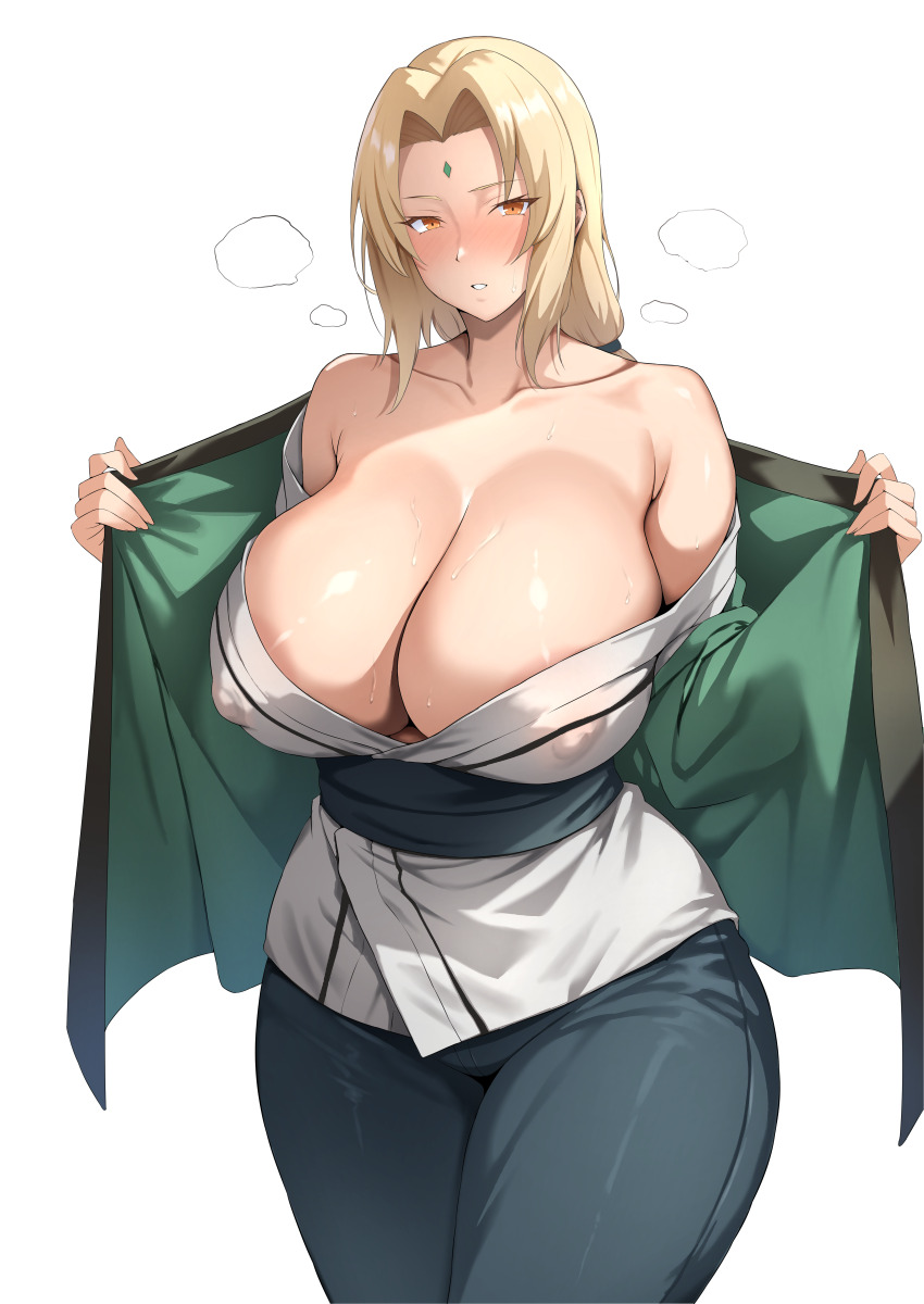 1girl absurdres blonde_hair breasts brown_eyes cleavage closed_mouth collarbone covered_erect_nipples facial_mark forehead_mark green_haori grey_kimono haori highres huge_breasts japanese_clothes kimono long_hair looking_at_viewer low_twintails mature_female naruto naruto_(series) naruto_shippuuden no_bra obi off_shoulder pants parted_bangs parted_lips ranhatu sash short_kimono simple_background solo steaming_body thighs tsunade_(naruto) twintails undressing white_background wide_hips