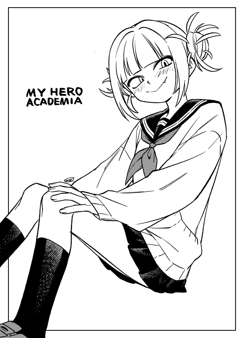 1girl absurdres boku_no_hero_academia border cardigan copyright_name double_bun fang greyscale grin hair_bun hand_on_own_knee highres invisible_chair kneehighs loafers looking_at_viewer menma_(enaic31) messy_hair miniskirt monochrome neckerchief outside_border pleated_skirt sailor_collar school_uniform serafuku shoes signature sitting skirt smile socks solo toga_himiko