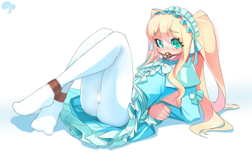 1boy aqua_eyes ball_gag bdsm blue_dress bondage bound bound_ankles bound_arms bulge crossdressing dress frills full_body gag gagged gothic_lolita hairband krokobyaka lolita_fashion lolita_hairband long_hair looking_at_viewer male_focus nanbaka pantyhose simple_background solo sugoroku_hitoshi trap two_side_up white_background white_pantyhose